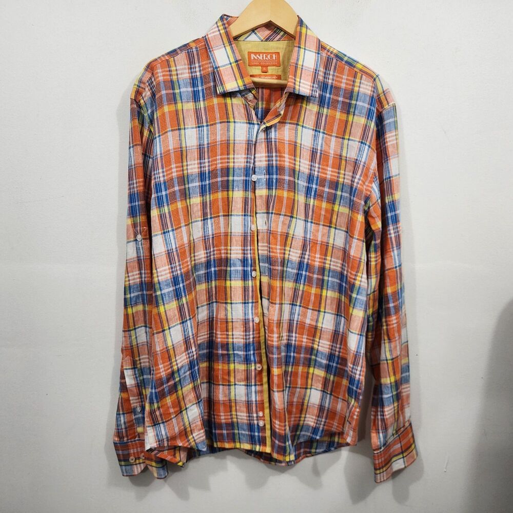 Inserch Collezione Men Linen Plaid Shirt Long Sleeve Orange Blue Button Up XL